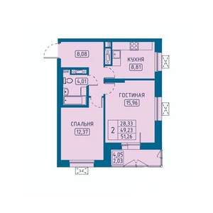 2-к квартира, вторичка, 51м2, 6/20 этаж