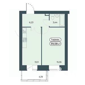 1-к квартира, строящийся дом, 40м2, 4/9 этаж