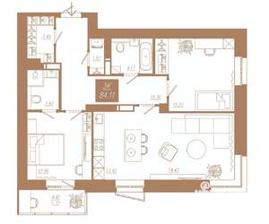 3-к квартира, строящийся дом, 84м2, 3/23 этаж