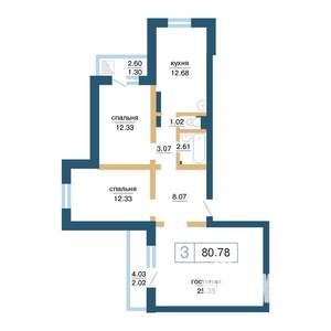 3-к квартира, строящийся дом, 81м2, 15/17 этаж