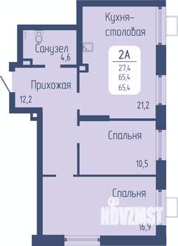 2-к квартира, вторичка, 65м2, 1/21 этаж
