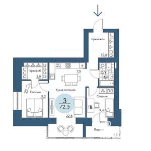 3-к квартира, строящийся дом, 73м2, 3/17 этаж