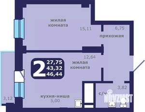 2-к квартира, строящийся дом, 46м2, 8/25 этаж