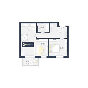 2-к квартира, строящийся дом, 53м2, 2/5 этаж