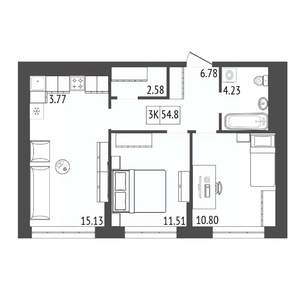 3-к квартира, строящийся дом, 55м2, 11/17 этаж