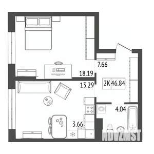 2-к квартира, строящийся дом, 47м2, 6/17 этаж
