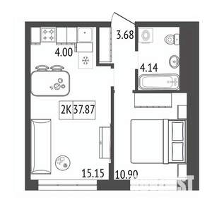 2-к квартира, строящийся дом, 38м2, 7/17 этаж