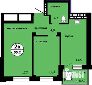 2-к квартира, строящийся дом, 54м2, 9/19 этаж