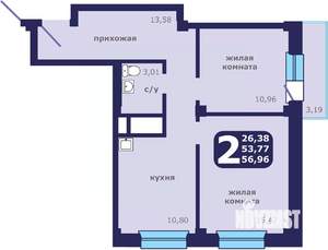 2-к квартира, строящийся дом, 57м2, 21/25 этаж