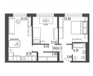 3-к квартира, вторичка, 61м2, 10/17 этаж