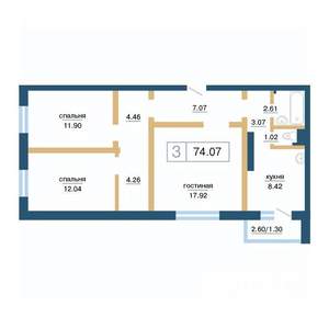 3-к квартира, строящийся дом, 74м2, 14/17 этаж