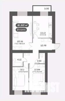 3-к квартира, вторичка, 77м2, 6/15 этаж