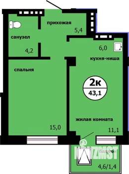 2-к квартира, строящийся дом, 43м2, 6/19 этаж