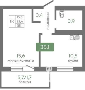 1-к квартира, строящийся дом, 35м2, 16/19 этаж