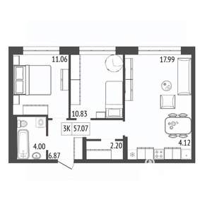 3-к квартира, вторичка, 57м2, 7/17 этаж