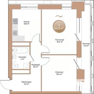 2-к квартира, строящийся дом, 55м2, 2/24 этаж