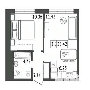 2-к квартира, строящийся дом, 35м2, 13/17 этаж