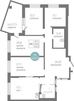 4-к квартира, строящийся дом, 124м2, 16/19 этаж
