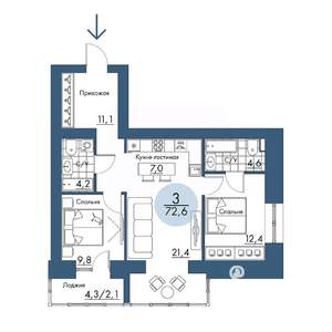 3-к квартира, строящийся дом, 73м2, 11/17 этаж