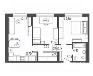 3-к квартира, вторичка, 61м2, 5/17 этаж