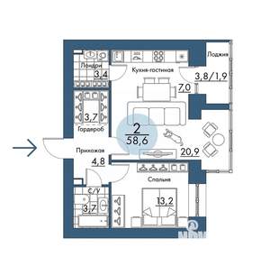 2-к квартира, строящийся дом, 59м2, 5/17 этаж