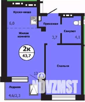 2-к квартира, строящийся дом, 44м2, 12/19 этаж