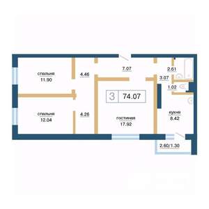 3-к квартира, строящийся дом, 74м2, 14/17 этаж