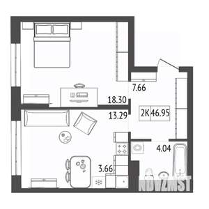 2-к квартира, строящийся дом, 47м2, 11/17 этаж
