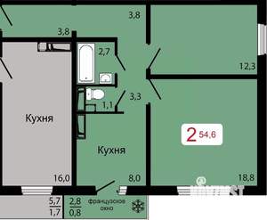 2-к квартира, строящийся дом, 55м2, 1/17 этаж