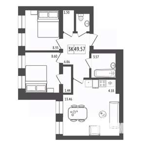 3-к квартира, строящийся дом, 49м2, 16/17 этаж