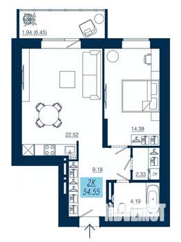 2-к квартира, строящийся дом, 55м2, 3/19 этаж