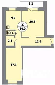 2-к квартира, вторичка, 64м2, 6/14 этаж