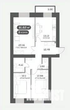 3-к квартира, вторичка, 77м2, 2/15 этаж