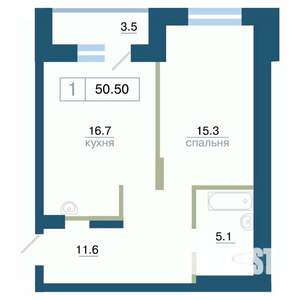 1-к квартира, строящийся дом, 51м2, 3/24 этаж