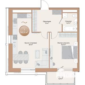 1-к квартира, вторичка, 57м2, 17/24 этаж