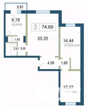 3-к квартира, строящийся дом, 75м2, 10/17 этаж