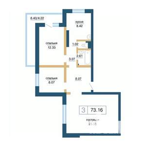 3-к квартира, строящийся дом, 73м2, 2/17 этаж
