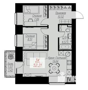 2-к квартира, строящийся дом, 52м2, 4/17 этаж