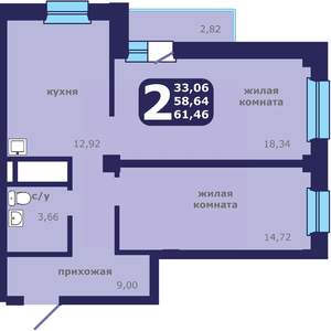 2-к квартира, строящийся дом, 61м2, 10/25 этаж
