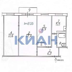 3-к квартира, вторичка, 57м2, 2/5 этаж