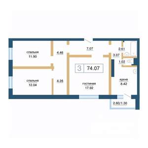 3-к квартира, строящийся дом, 74м2, 11/17 этаж