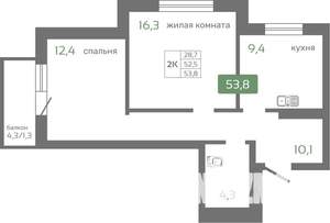 2-к квартира, вторичка, 54м2, 18/19 этаж