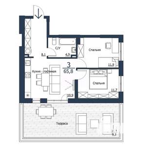 3-к квартира, строящийся дом, 66м2, 2/23 этаж