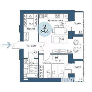 2-к квартира, вторичка, 65м2, 16/17 этаж