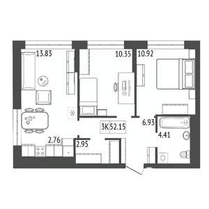 3-к квартира, строящийся дом, 52м2, 6/17 этаж