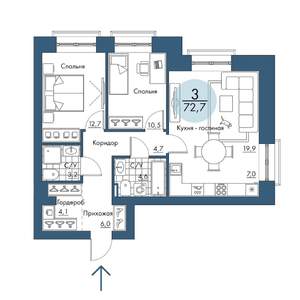 3-к квартира, строящийся дом, 73м2, 2/17 этаж