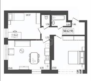 3-к квартира, вторичка, 63м2, 7/17 этаж