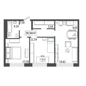 3-к квартира, строящийся дом, 60м2, 16/17 этаж