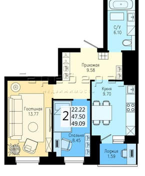 2-к квартира, вторичка, 49м2, 12/25 этаж