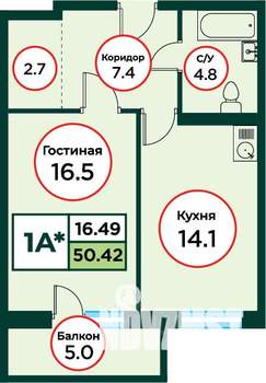 1-к квартира, сданный дом, 50м2, 5/8 этаж